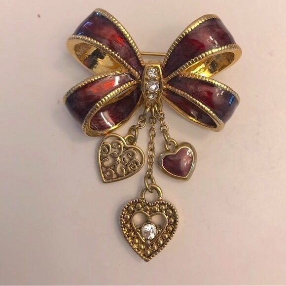Monet Bow Brooch Pin Heart Dangle Red Enameled Gold Tone - Picture 1 of 3